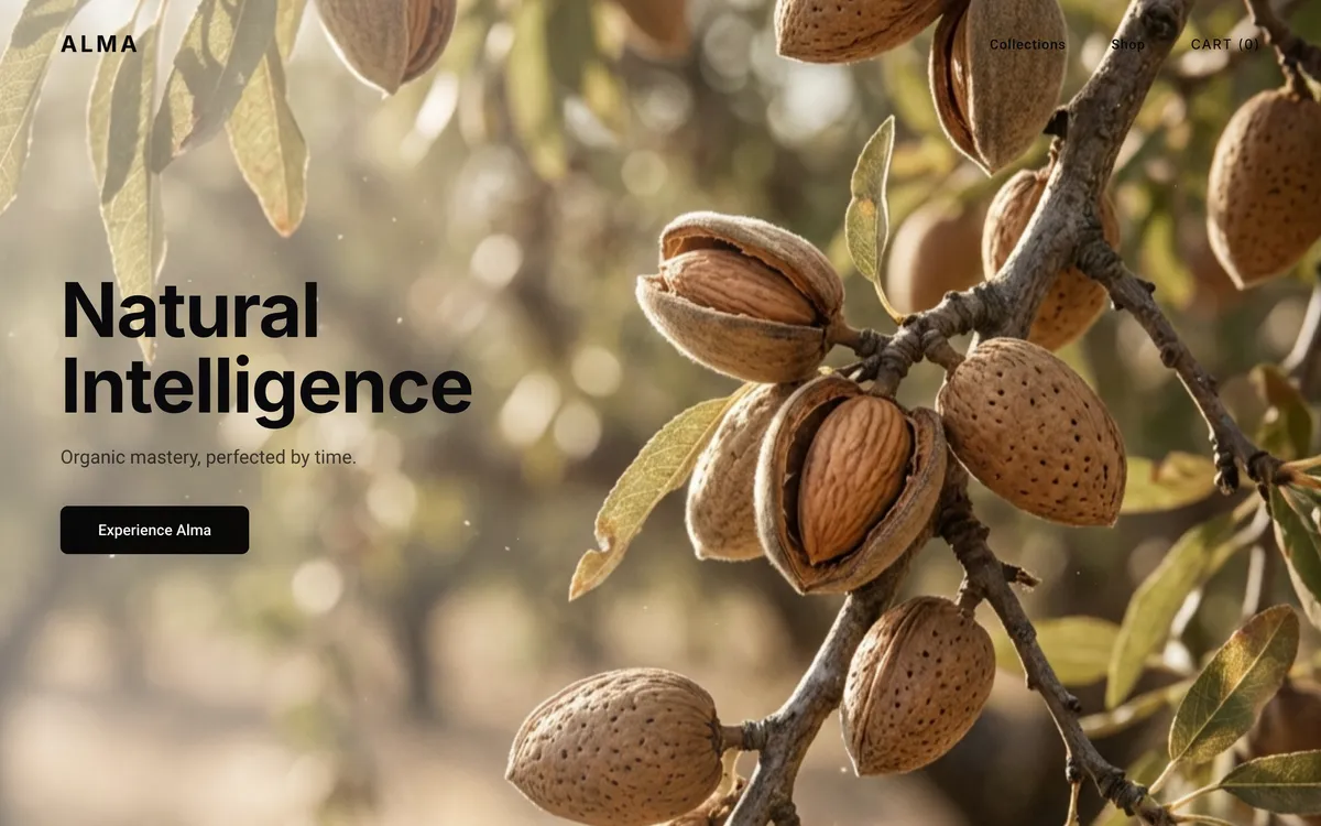 Almonds on the branch in daylight beside the words Natural Intelligence.