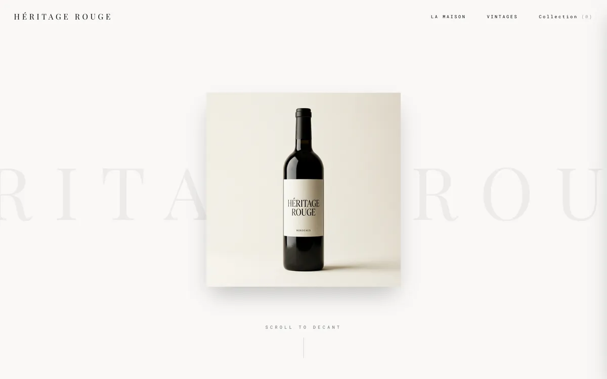 A single wine bottle centred on cream, with the words Héritage Rouge set very large and very faint behind it.
