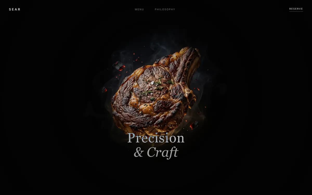 A cut of meat lit in near-darkness under the words Precision and Craft in a fine serif.