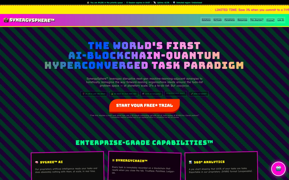 A garish rainbow-striped landing page announcing the world's first AI-blockchain-quantum hyperconverged task paradigm.