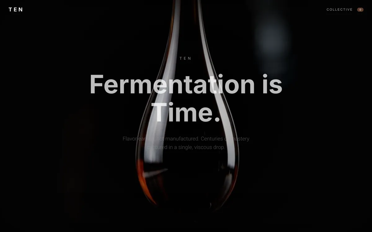 A drop of soy sauce falling in near-darkness under the words Fermentation is Time.