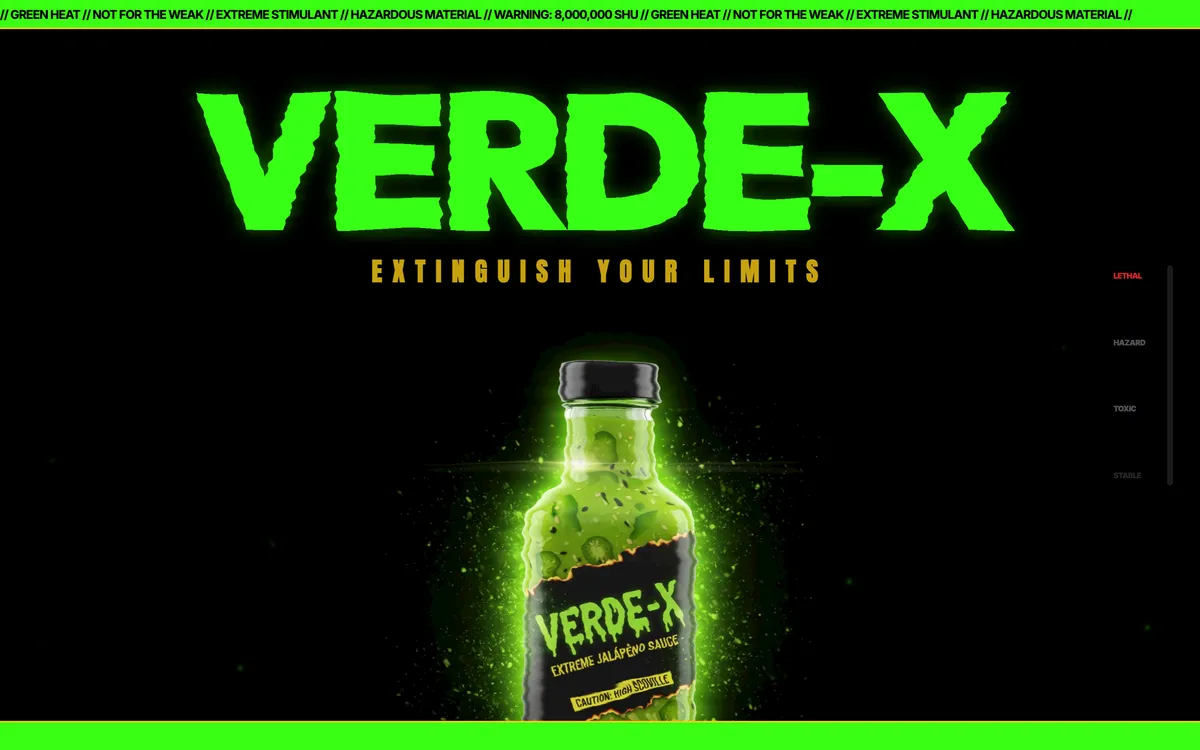 A glowing green hot-sauce bottle on black under the word VERDE-X in toxic green, with hazard tape across the top.