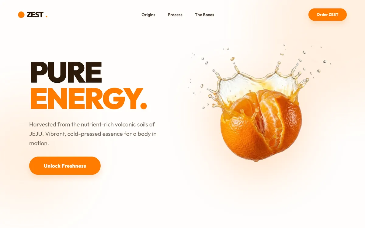 A mandarin bursting through a splash of juice beside the words Pure Energy in orange and black.