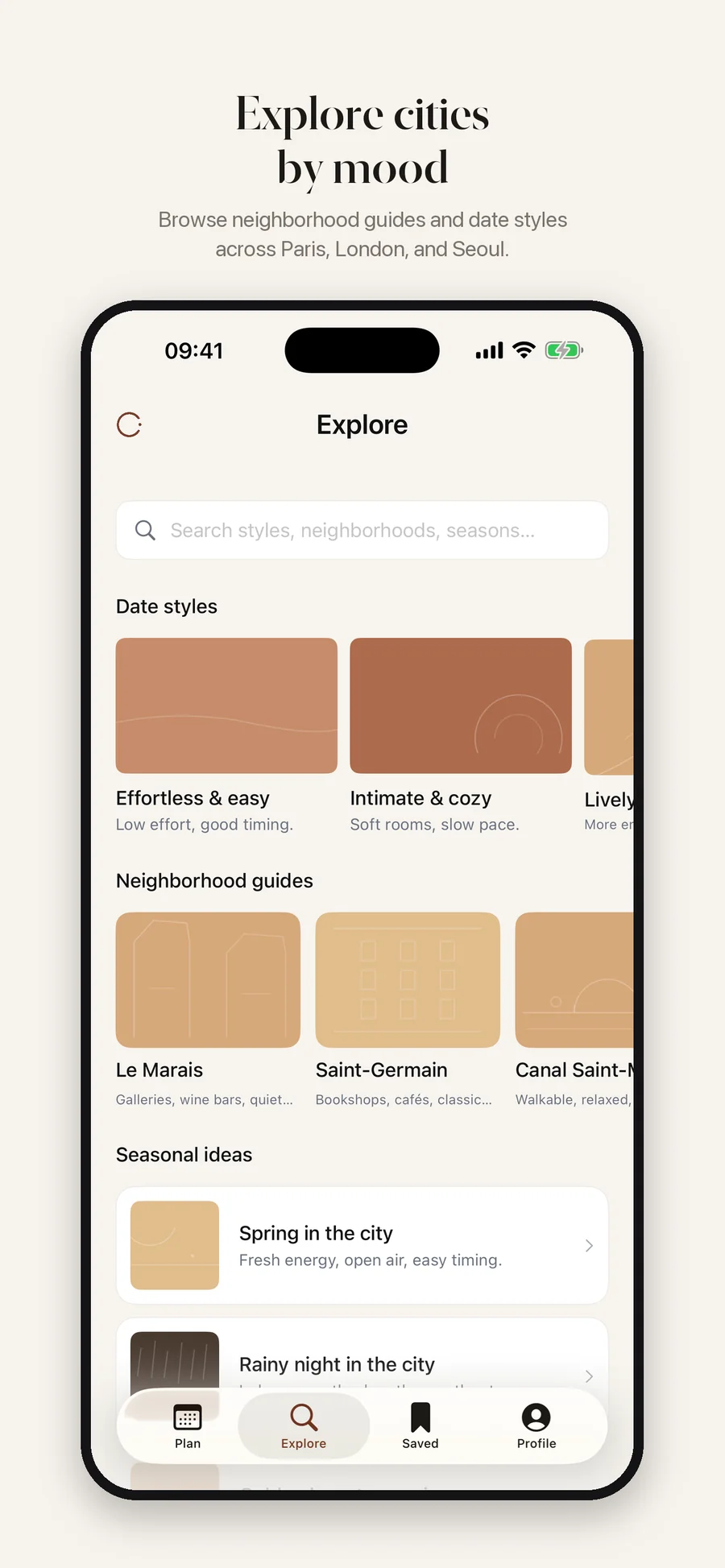 Circa App Store screenshot: Explore cities by mood.