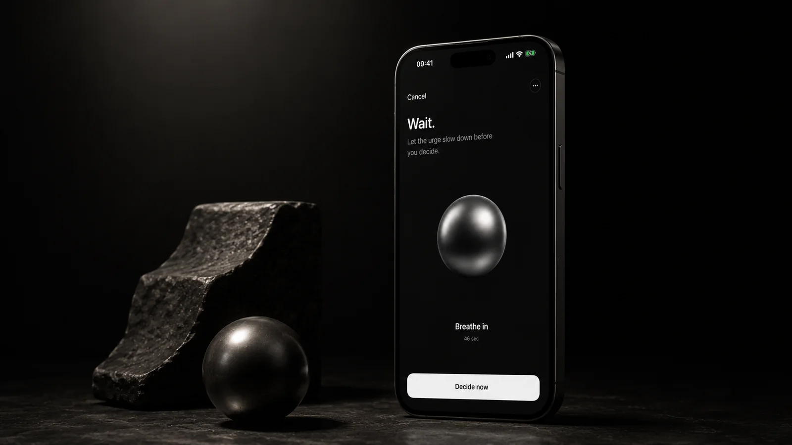 Griotta's pause screen on an iPhone: the word Wait, a chrome sphere, a breathing count, and a Decide now button, beside a dark stone wedge.